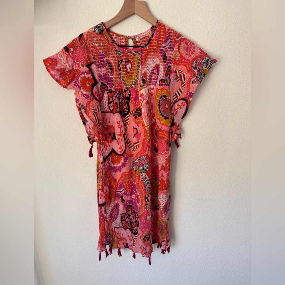 Banjanan Dress Pink Multi Floral
Crewneck Flutter Sleeves Tasseled Mini
Size XS